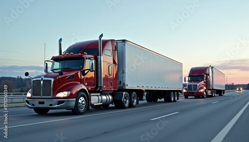 Two red trucks driving on the highway 