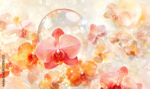 Sparkling peach orchids with a glass sphere.