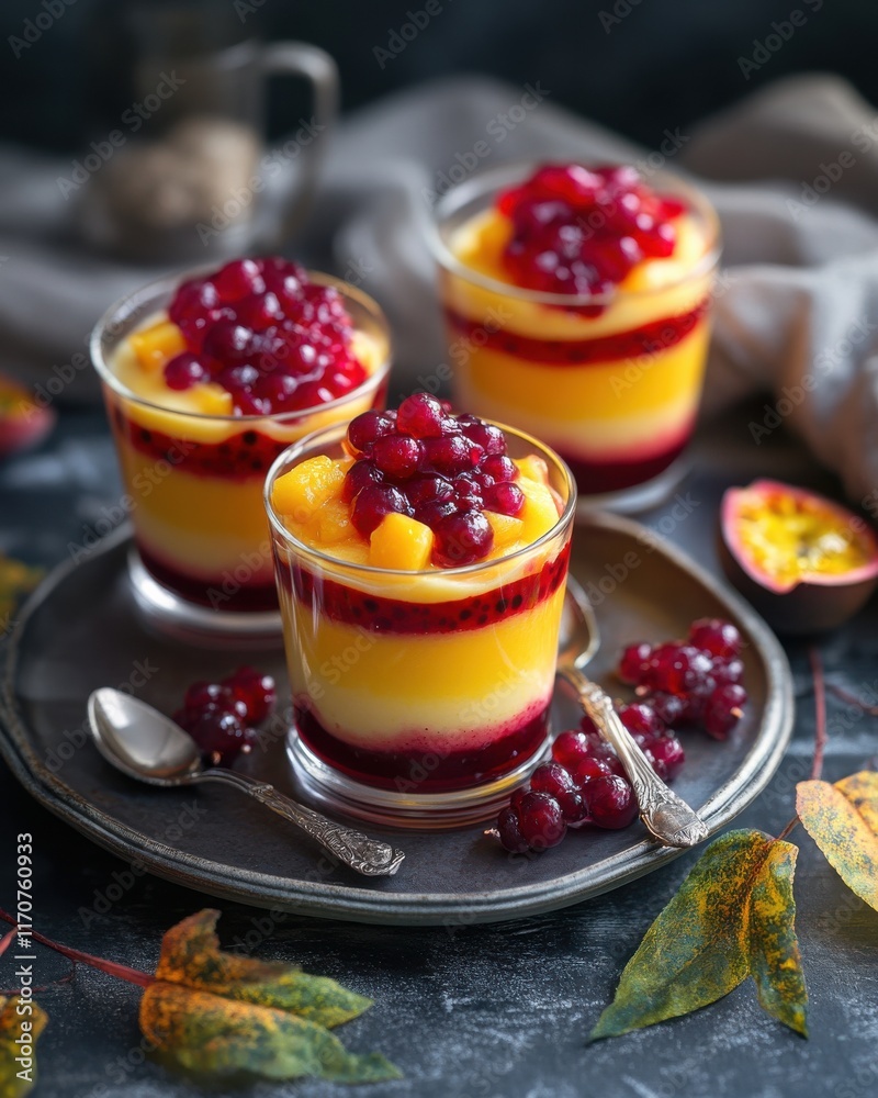 Three elegant dessert glasses filled with vibrant layers of mango and berry puree, garnished with fresh currants. Three elegant dessert glasses filled with vibrant layers of mango and berry puree, garnished with fresh currants.