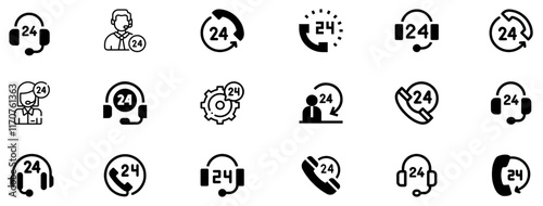 24 hour assistance icons. 24 hours 7 days in week support icons. 24 hours service vector symbol. 24h service duration sign. Call center icon vector set. Customer support 24 hours. Vector Illustration.