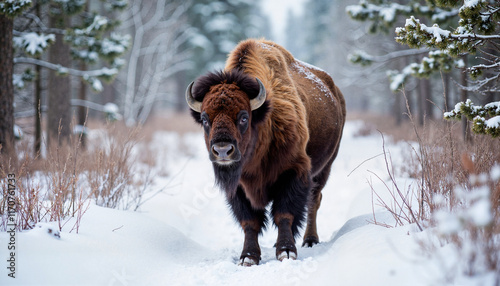 Bison walking through snowy forest