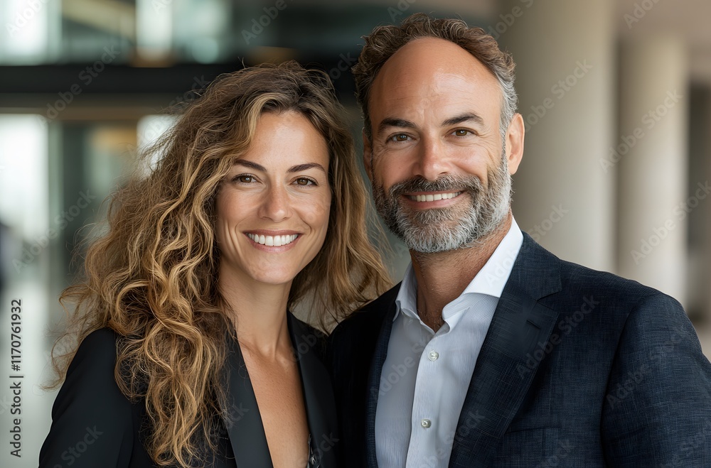 Happy Couple Smiling Confidently Together In Business Attire Happy Couple Smiling Confidently Together In Business Attire