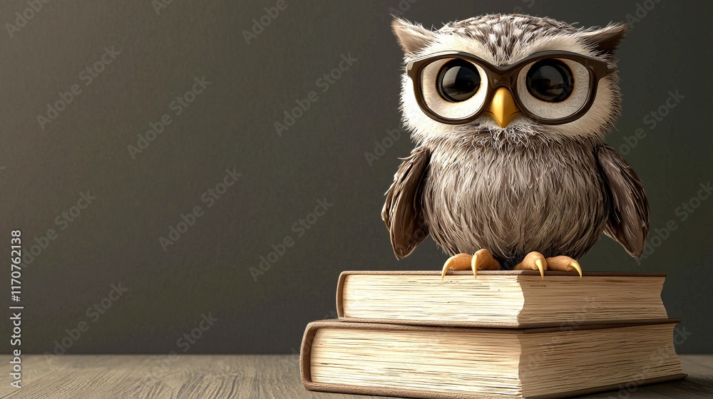 Studious owl perched on books, dark background, education Studious owl perched on books, dark background, education