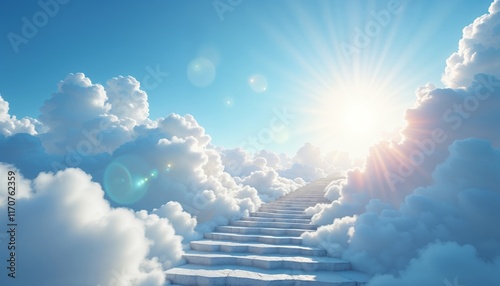 White ladder going through the clouds towards the sky.Spiritual journey. Healing. Ascension.Spirituality, divine journey, concept of heaven, symbol of hope, inspiration poster.





