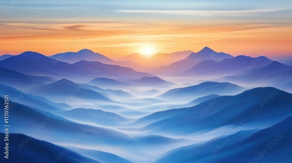 Fototapeta premium A stunning sunrise over the mountain peaks with mist gently rolling through the valleys and the first