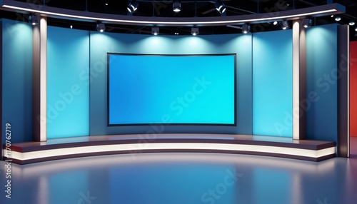 Modern TV Studio with Blue Screen and Illuminated Platform.Studio setting. Corporate video production. Media broadcast. Event promotions.Innovation. Technology. Professionalism.


