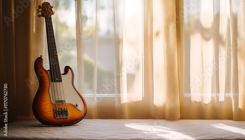 A bass guitar rests on a windowsill, illuminated by soft natural light.