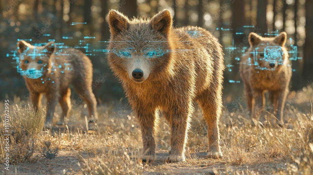 A futuristic wildlife reserve where glowing holograms project endangered species into a lush, controlled environment. Visitors use augmented reality devices to learn about the animals and ecosystems A futuristic wildlife reserve where glowing holograms project endangered species into a lush, controlled environment. Visitors use augmented reality devices to learn about the animals and ecosystems