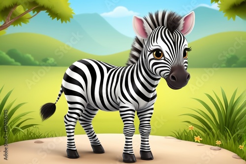 zebra standing on a dirt road in a green field