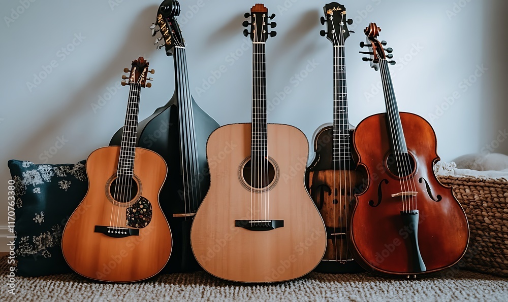 Fototapeta premium A collection of string instruments arranged aesthetically in a cozy setting.