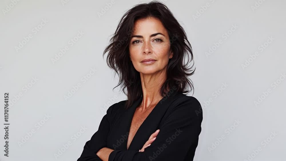Portrait of an elegant, professional woman with a dark dress against a plain white background. Portrait of an elegant, professional woman with a dark dress against a plain white background.