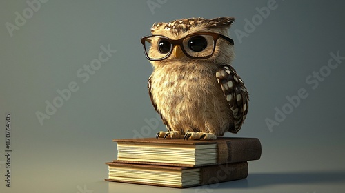 Wallpaper Mural Studious owl perched on books, grey background, education concept Torontodigital.ca