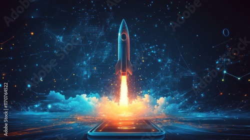 Wallpaper Mural A conceptual illustration of a rocket launching from the screen of a smartphone, symbolizing the rapid growth and expansion of social media, digital marketing, and online business Torontodigital.ca
