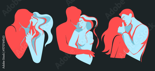 Lovers Men and Women kissing in passionate poses abstract drawing silhouette illustration set for fashion print,Valentine's Day design.Romantic couple embrace.Young people in love.Vector illustration
