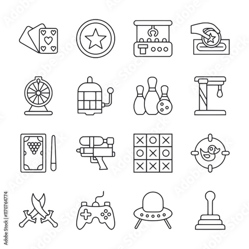 A set of icons for various games and activities, including a deck of cards