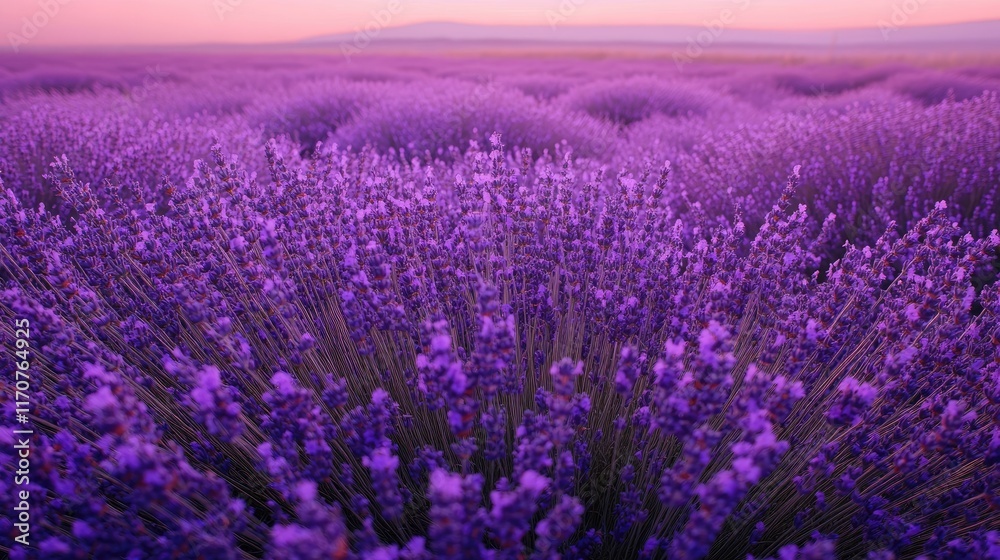 Fototapeta premium A vibrant field of lavender under a soft sunset sky, creating a serene and tranquil atmosphere.