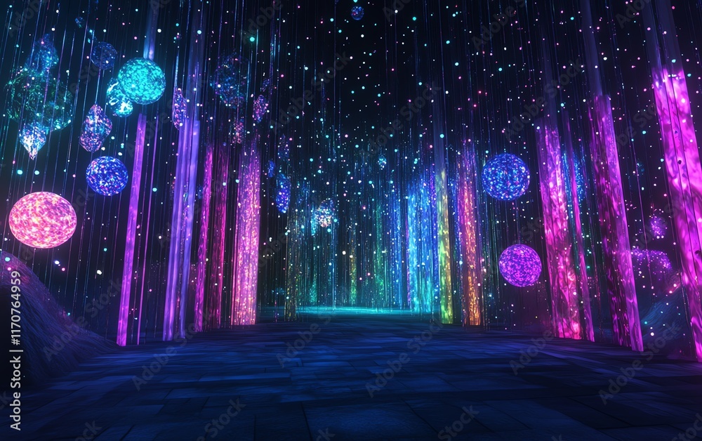 Obraz premium Magical, vibrant light tunnel. Glowing orbs and colorful pillars create a fantasy forest scene. Perfect for festive, whimsical, or magical themes.