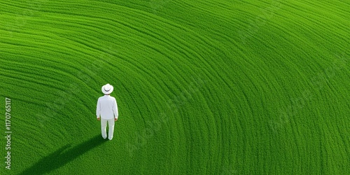 Solitude on the Green: A lone figure stands amidst a vast expanse of verdant grass, the gentle curves creating a sense of peace and contemplation.  This aerial view evokes a feeling of serenity. photo