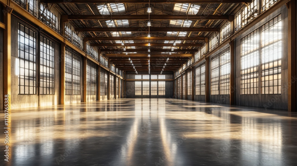 Expansive empty warehouse with industrial windows and polished concrete Expansive empty warehouse with industrial windows and polished concrete