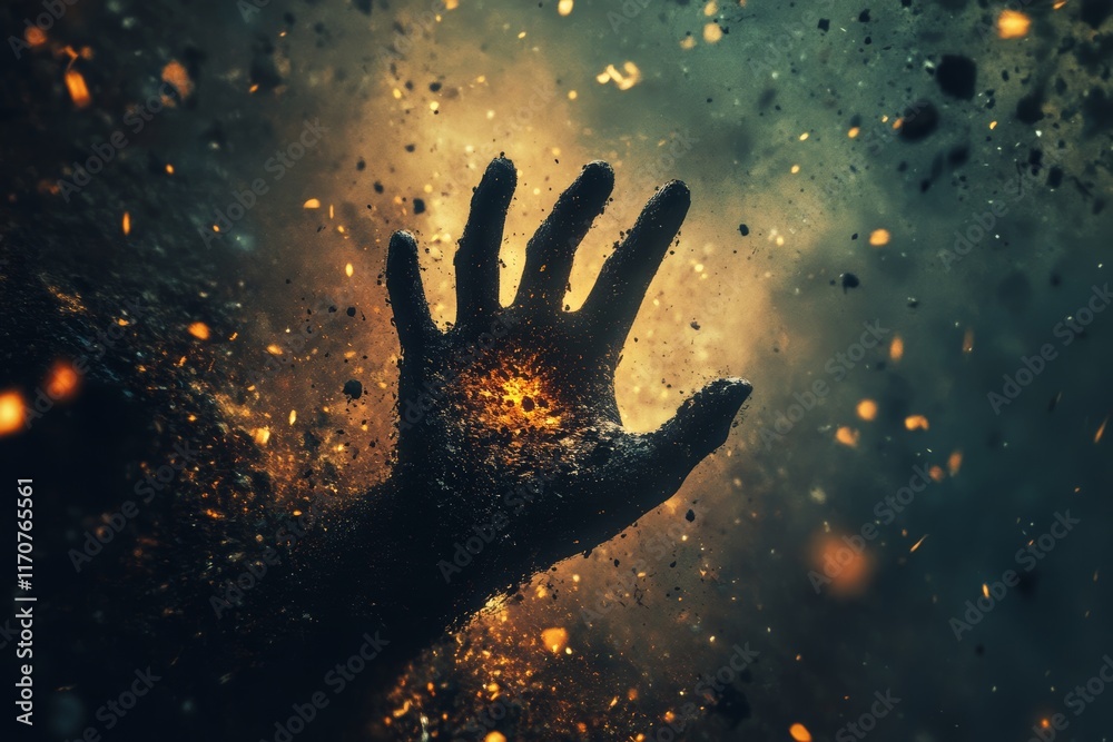 Mysterious Hand Reaching Through Fiery Cosmic Dust in a Surreal Abstract Universe Mysterious Hand Reaching Through Fiery Cosmic Dust in a Surreal Abstract Universe