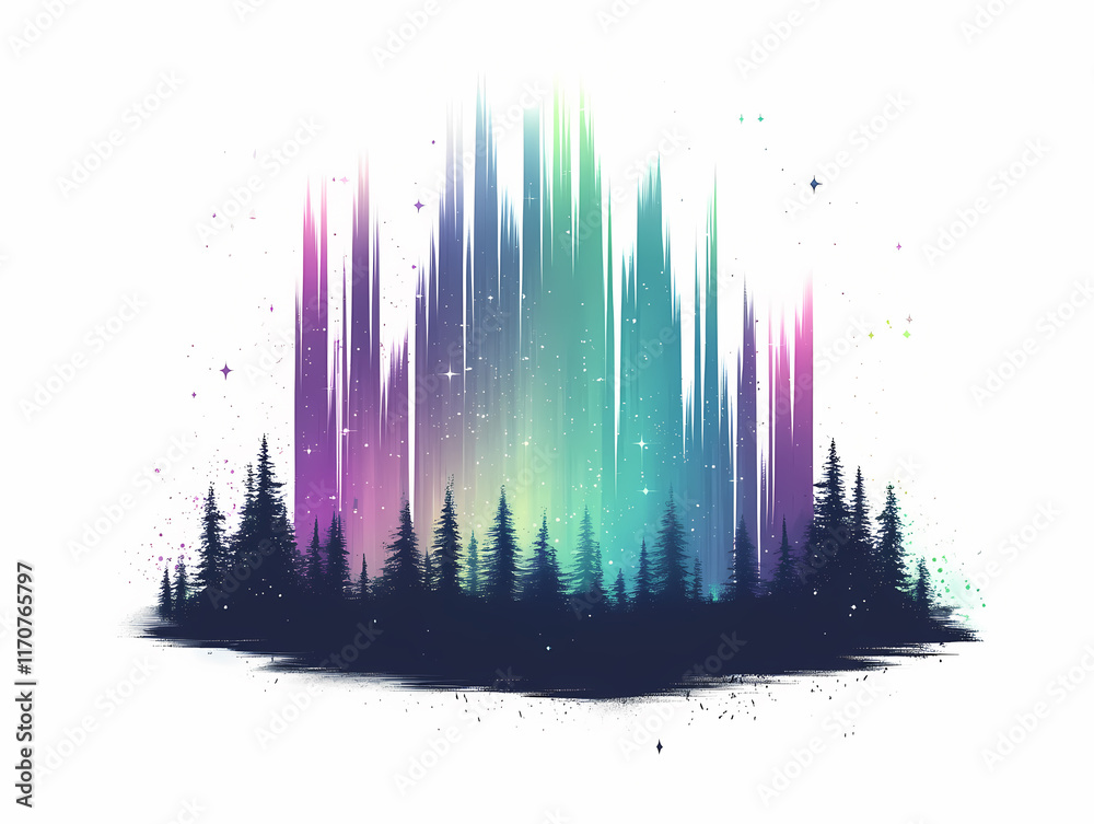 Obraz premium Magical aurora borealis lights dance above a tranquil forest at night. The vibrant colors create a breathtaking scene.