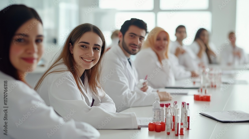 Smiling people men and women in white medical suits attending workshop, medicine conference Smiling people men and women in white medical suits attending workshop, medicine conference
