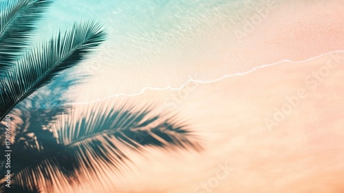 A dreamy scene with the shadows of palm leaves gracefully spread across the warm sand of a tropical beach