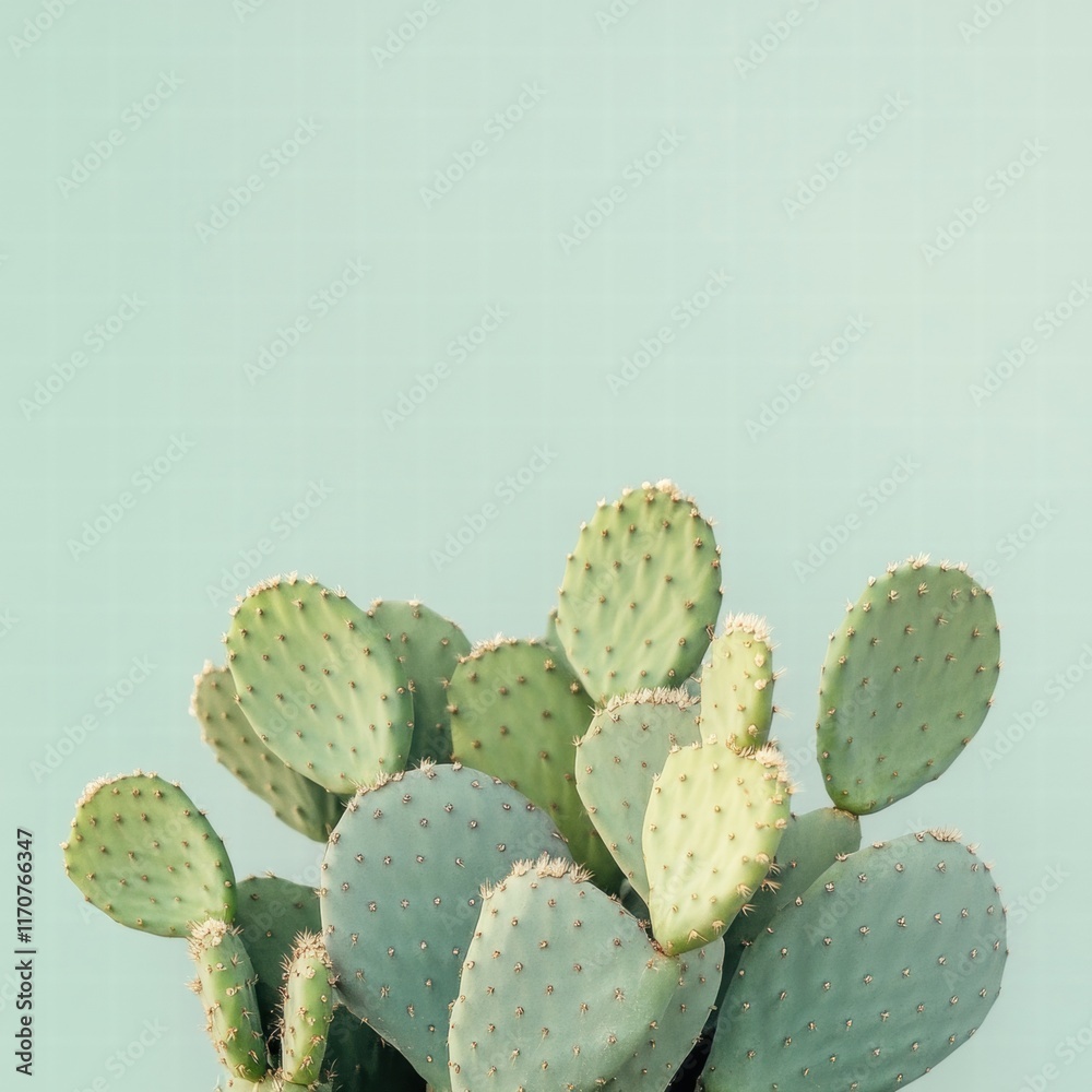Close-up of Prickly Pear Cactus Pads Against a Pastel Green Background - Minimalist Botanical Photography Close-up of Prickly Pear Cactus Pads Against a Pastel Green Background - Minimalist Botanical Photography