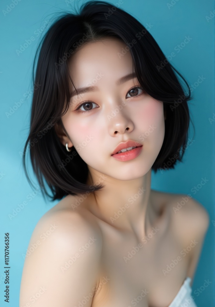Captivating beauty portrait of an Asian woman with dark bobbed hair, luminous skin, and subtle makeup, photographed in a light blue studio setup Captivating beauty portrait of an Asian woman with dark bobbed hair, luminous skin, and subtle makeup, photographed in a light blue studio setup
