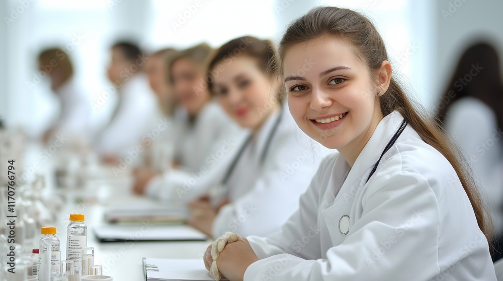 Fototapeta premium Smiling people men and women in white medical suits attending workshop, medicine conference