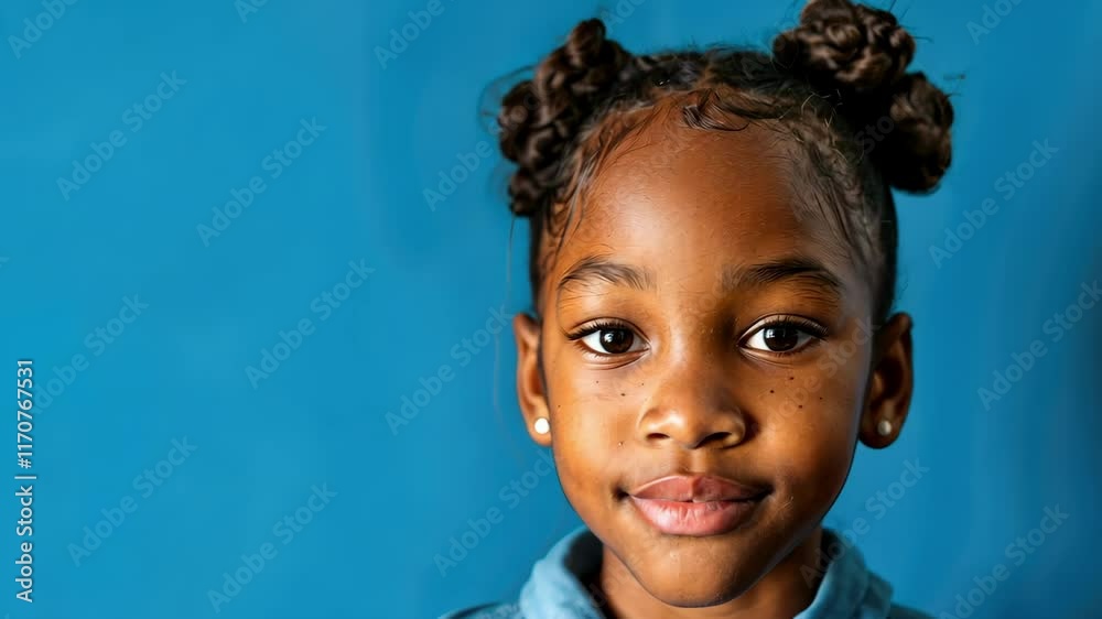 Young girl with braided buns, wearing a blue collared shirt, against blue background.