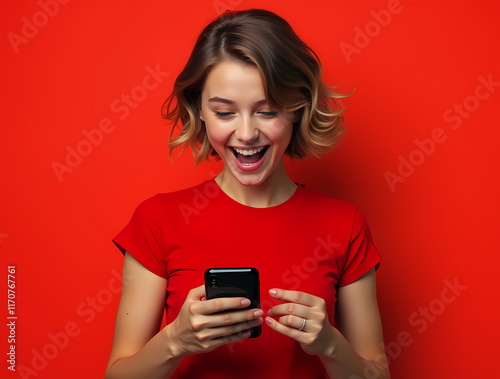 A womanl with short wavy hair, holding and displaying a blank cellphone screen with a bright, cheerful smile in a clean isolated background photo