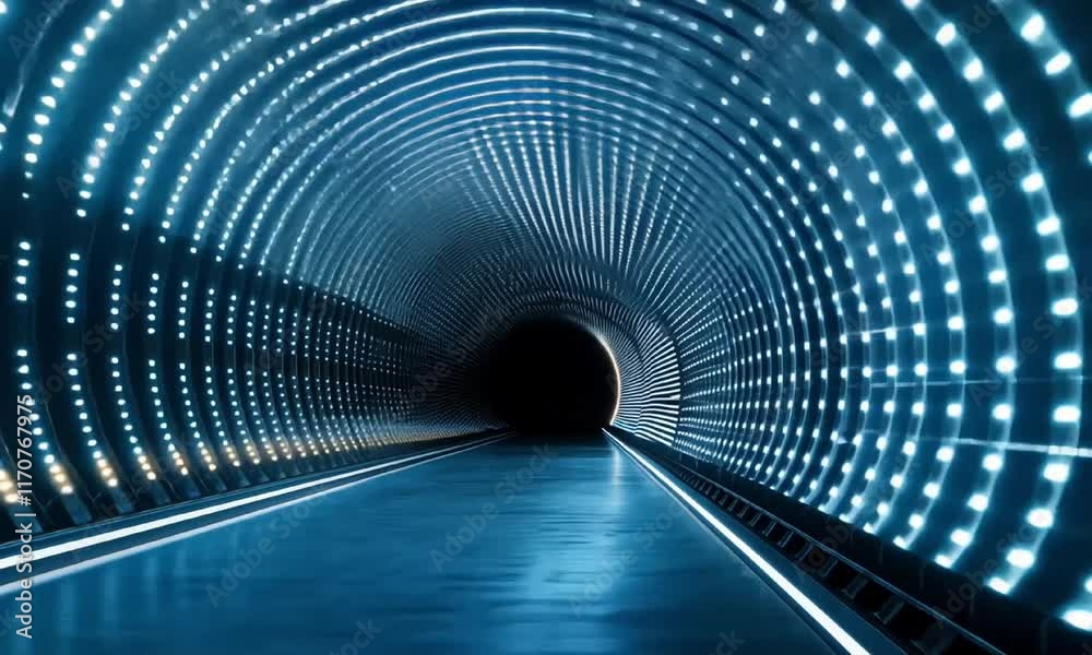 Modern futuristic tunnel with bright lights and endless perspective.