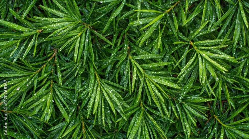 Fototapeta premium Lush Green Coniferous Leaves with Dew Drops Close-Up Texture of Vibrant Evergreen Foliage after Rain