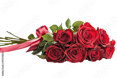 A bouquet of vibrant red roses adorned with green leaves and a decorative ribbon.