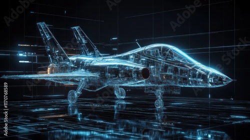 A futuristic fighter jet blueprint displayed in a digital space, highlighting advanced technology, speed, and innovation