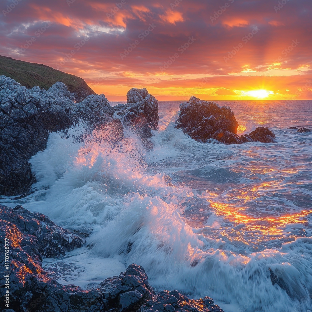 Fototapeta premium Golden sunrise over crashing ocean waves on rocky coastline.