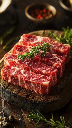 Four raw beef short ribs on a rustic wooden board, garnished with fresh thyme.