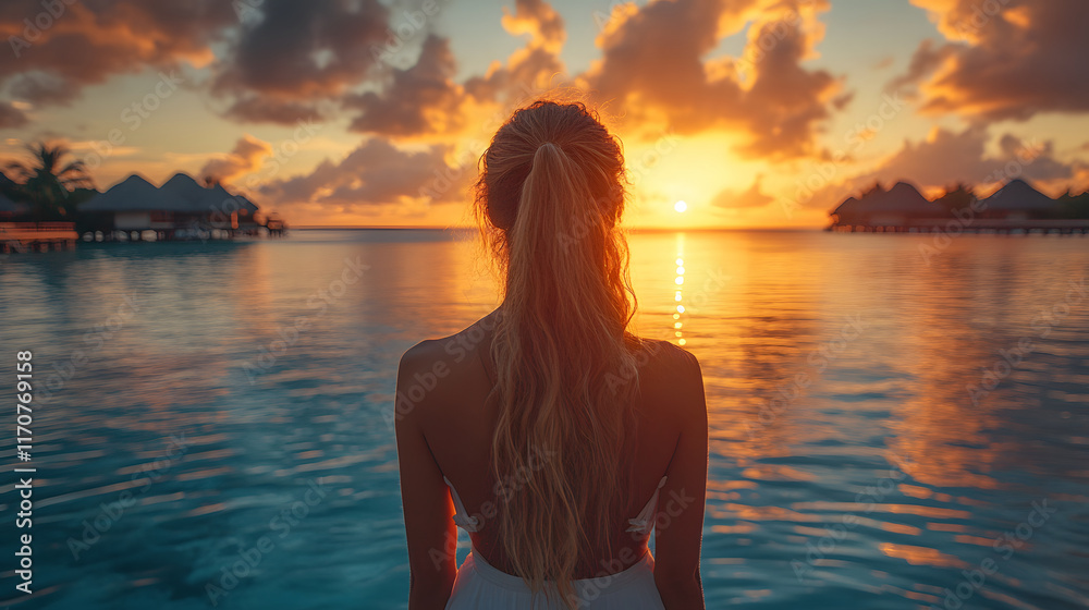 Vacation Concept: Girl with a Suitcase Against an Island Backdrop Vacation Concept: Girl with a Suitcase Against an Island Backdrop
