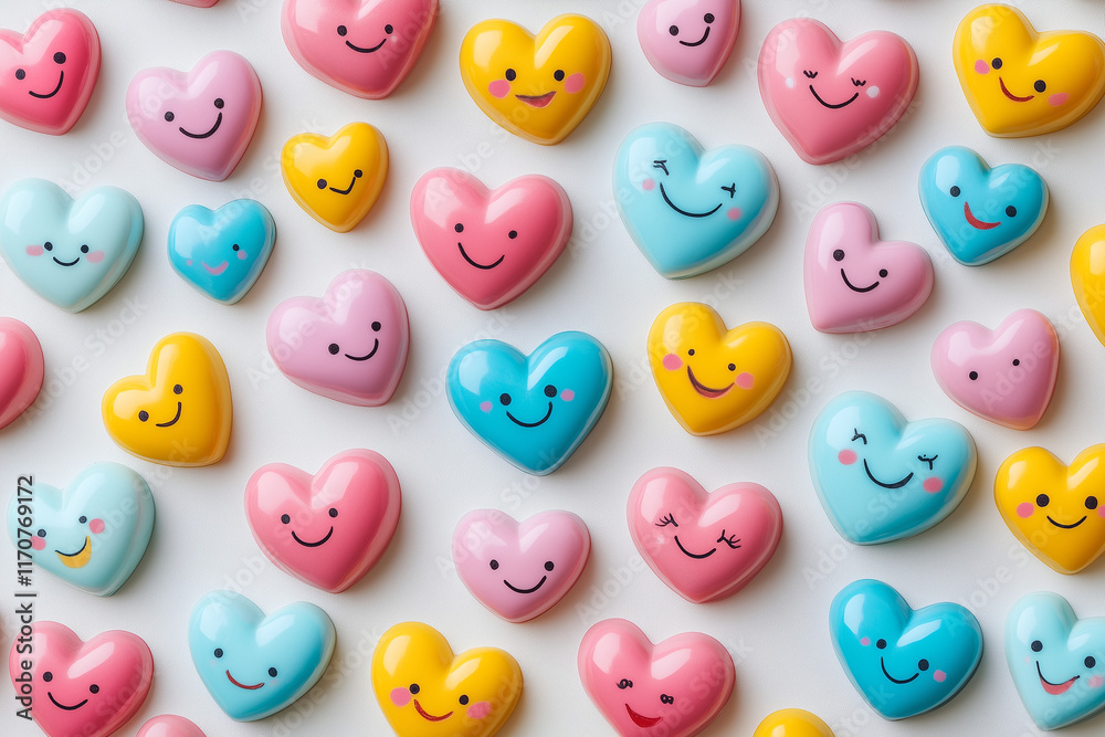 A playful pattern of colorful hearts and smiling faces A playful pattern of colorful hearts and smiling faces