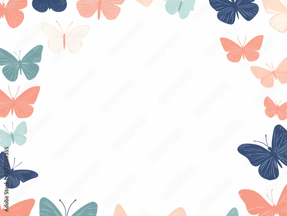 Pastel-colored butterflies flutter around a white background, creating a delicate and whimsical frame. Perfect for spring or summer designs!