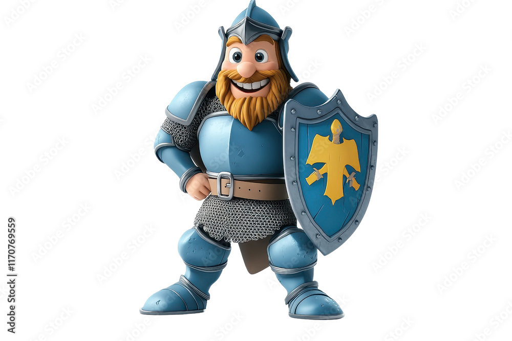 A cheerful knight in blue armor holds a shield, featuring a yellow emblem, with a friendly expression and a prominent beard. A cheerful knight in blue armor holds a shield, featuring a yellow emblem, with a friendly expression and a prominent beard.