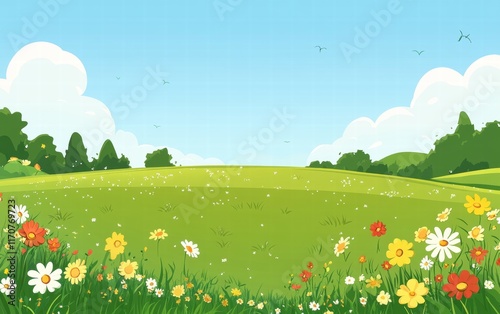 Vibrant Spring Meadow Landscape Cartoon Illustration of a Sunny Day with Colorful Wildflowers and Green Hills