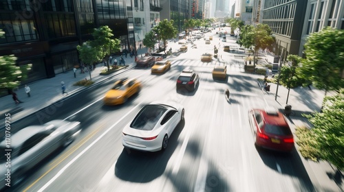 Fototapeta Naklejka Na Ścianę i Meble -  White electric car driving fast on busy new york city street during the day