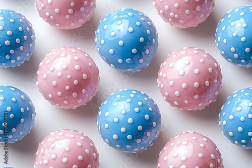 Pink and blue polka dot spheres arranged in repeating pattern on white background. photo