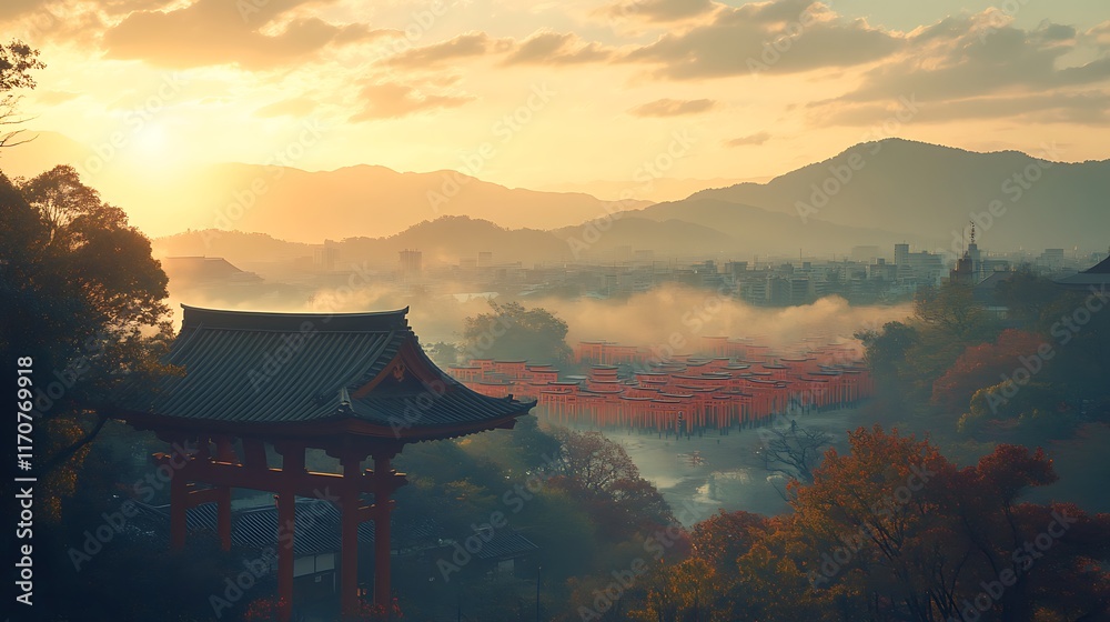 Sunrise Over Foggy Mountains And Japanese Torii Gates