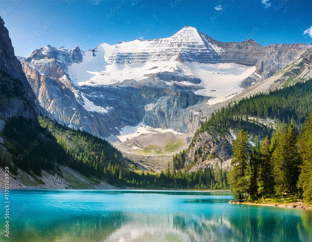  A painting of a mountain lake with a mountain in the background
