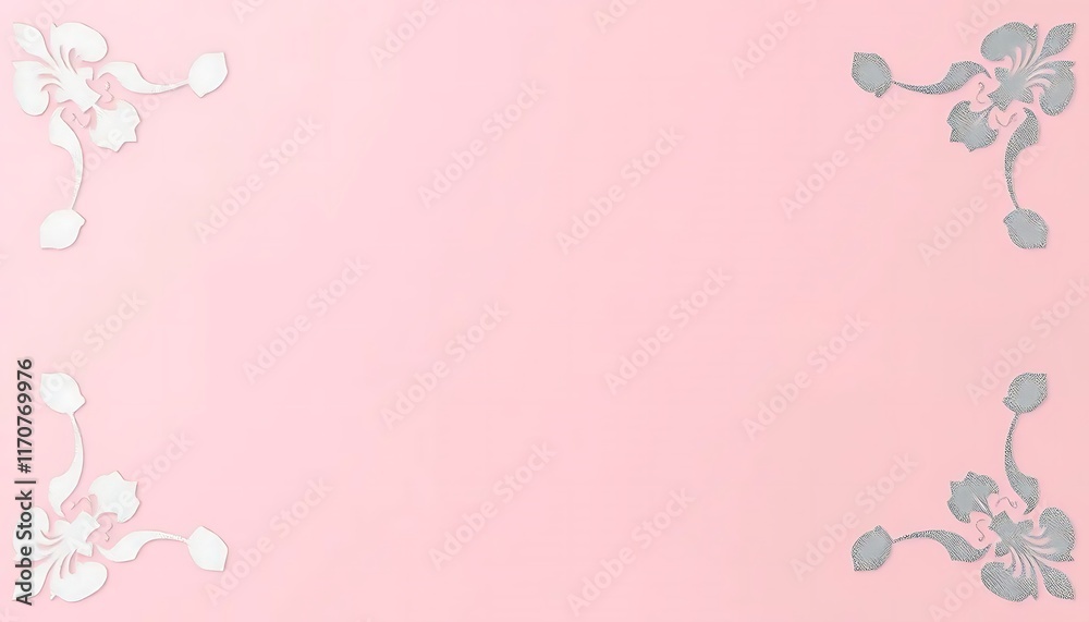 Pink background with floral corner designs in white and silver