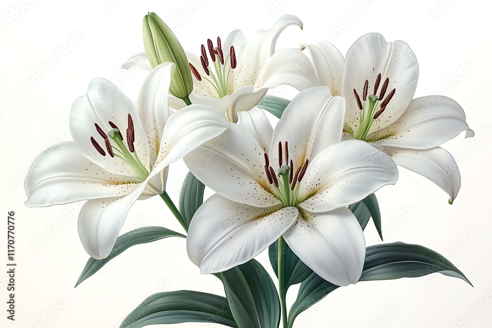 Elegant white lilies in a delicate botanical illustration. Elegant white lilies in a delicate botanical illustration.