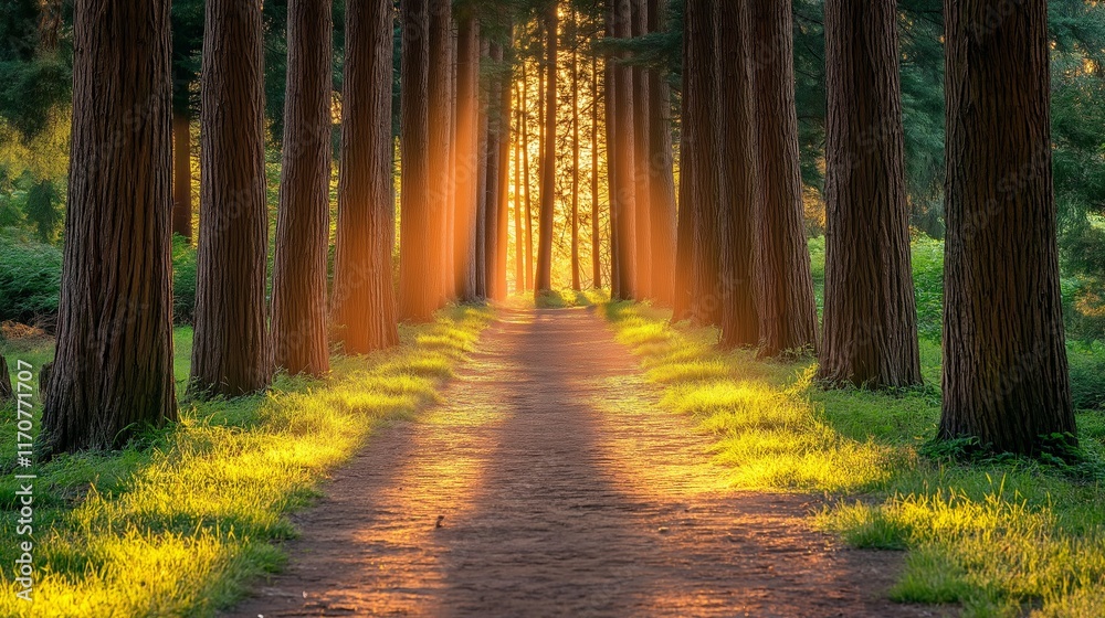 Fototapeta premium Cedarwood Forest at Twilight: A cedarwood forest at twilight, with tall trees casting long shadows